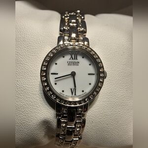 Citizen Eco-Drive Women's Silver Crystal Bracelet Watch - White Dial